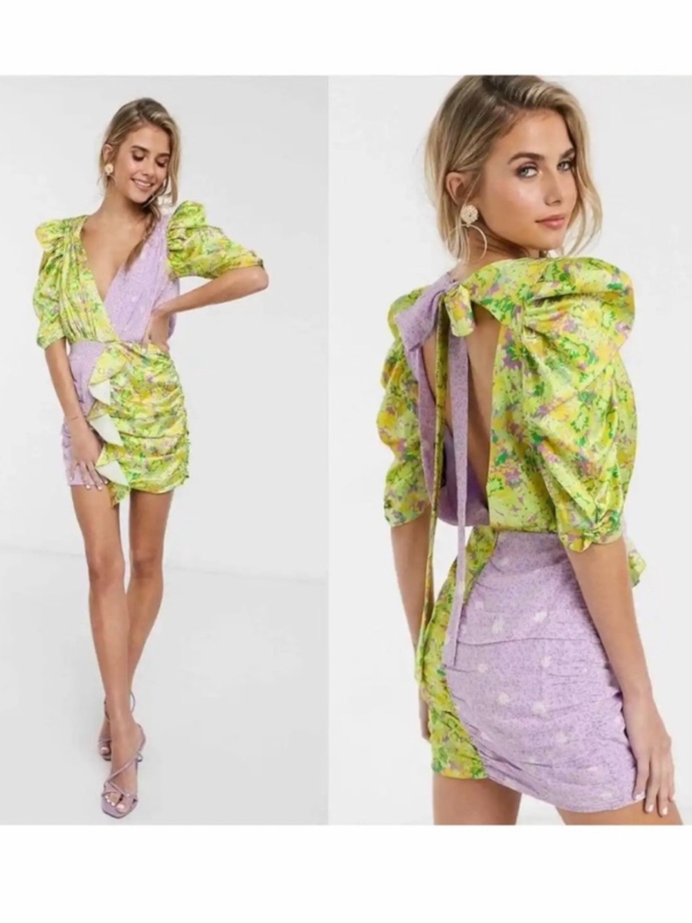 For Love & Lemons Lime Green and Lavender Floral Puff-Sleeve Mini Dress
